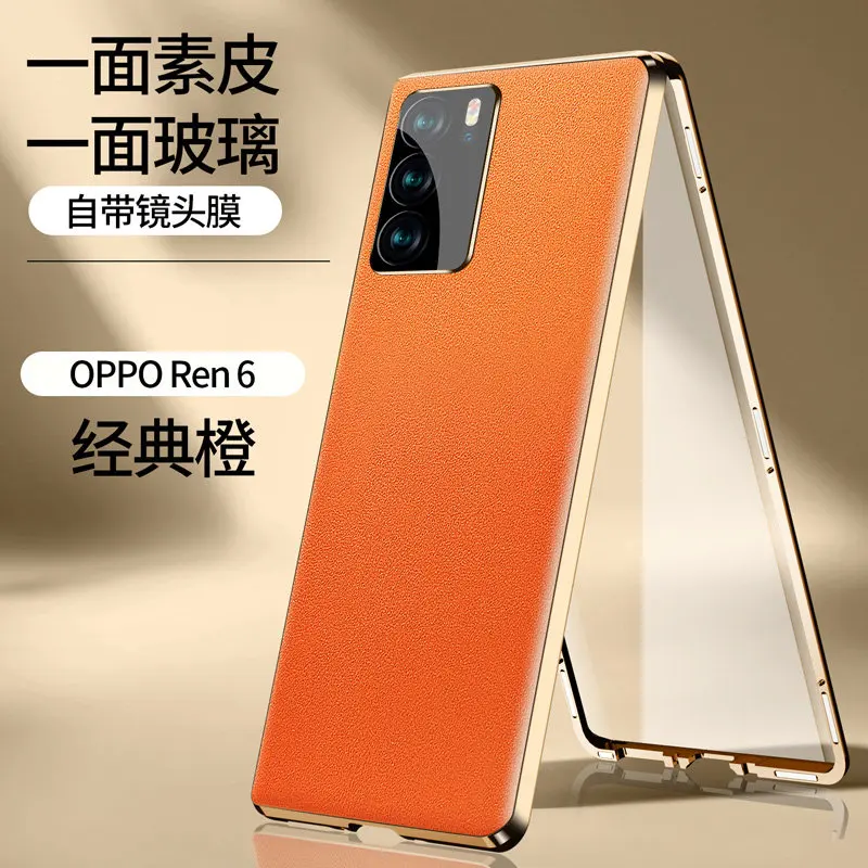 360 Full Protection Metal Bumper Clear Front Glass Case For Oppo Reno 6 5G CPH2251 with Back PU Leather Cover Phone Protector