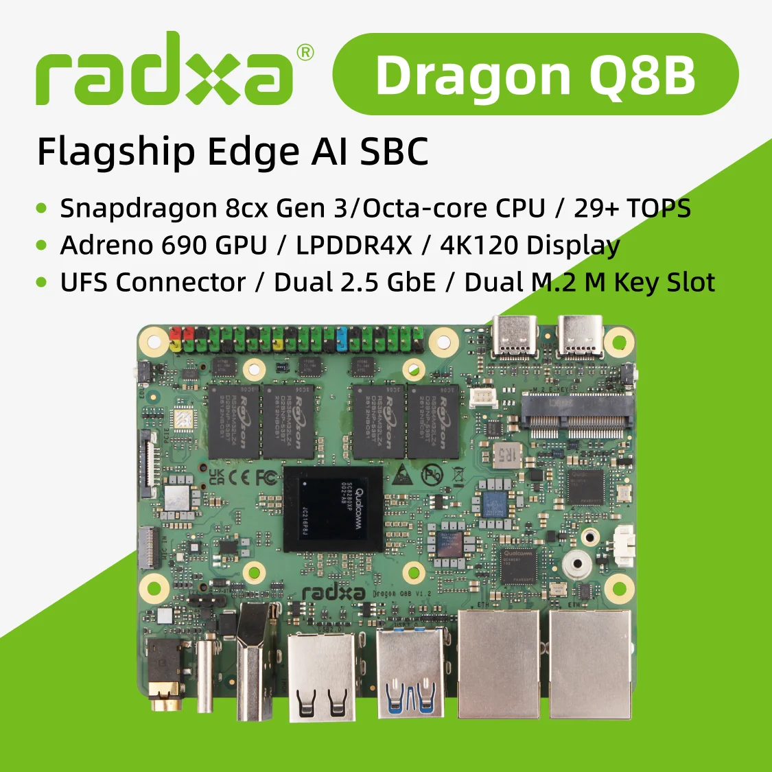 Radxa Dragon Q8B, procesor Qualcomm Snapdragon 8cx Gen 3, 29+ TOPS AI, ośmiordzeniowy procesor, wyświetlacz 4K, dwa porty 2.5GbE RJ45, dwa sloty M.2 M Key, w zestawie.