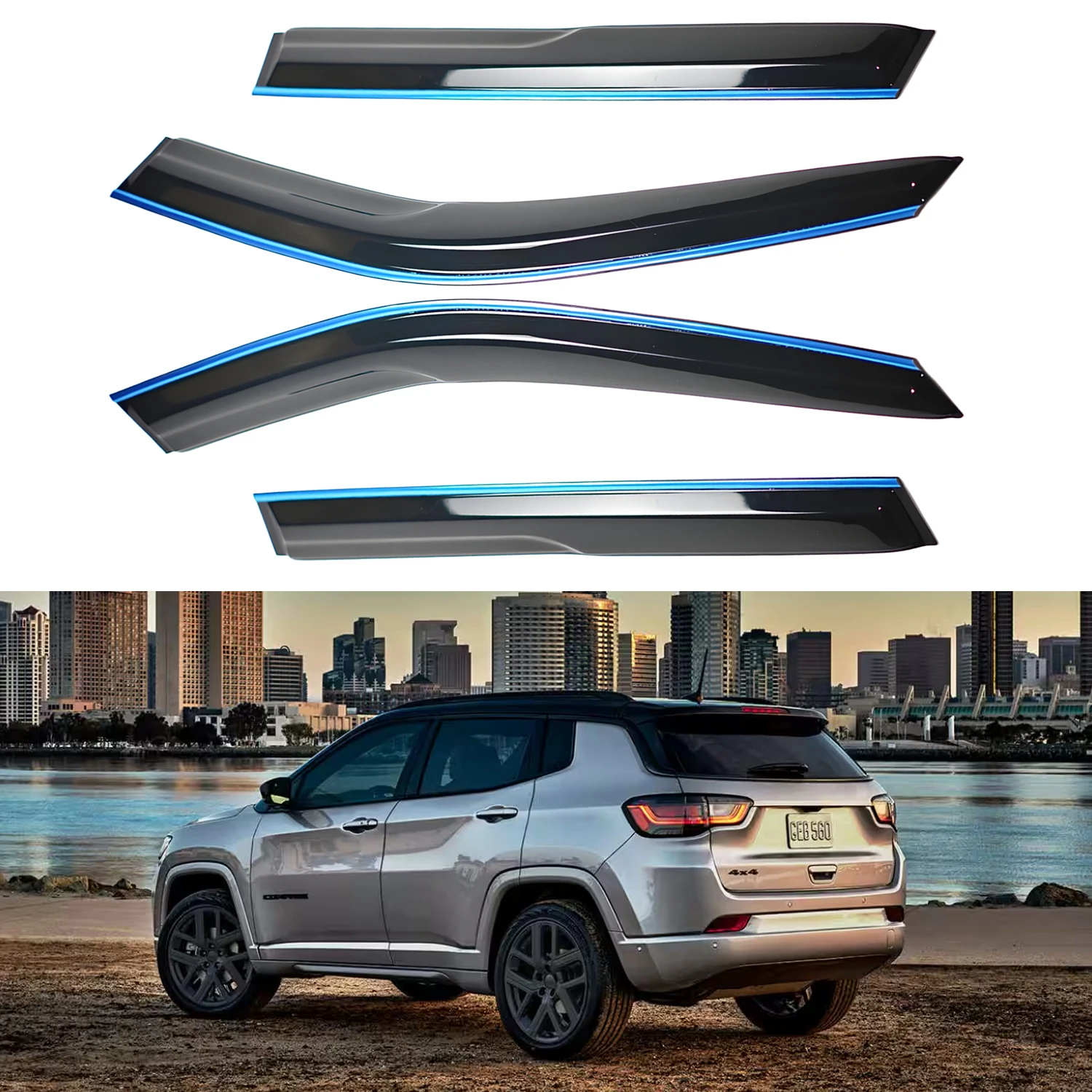 

For Compass 4-Door 2017-2024 Outside Mount Window Deflectors Silver Trim Tinted 4pcs Set No Drain Channel 1.5MM Thickness