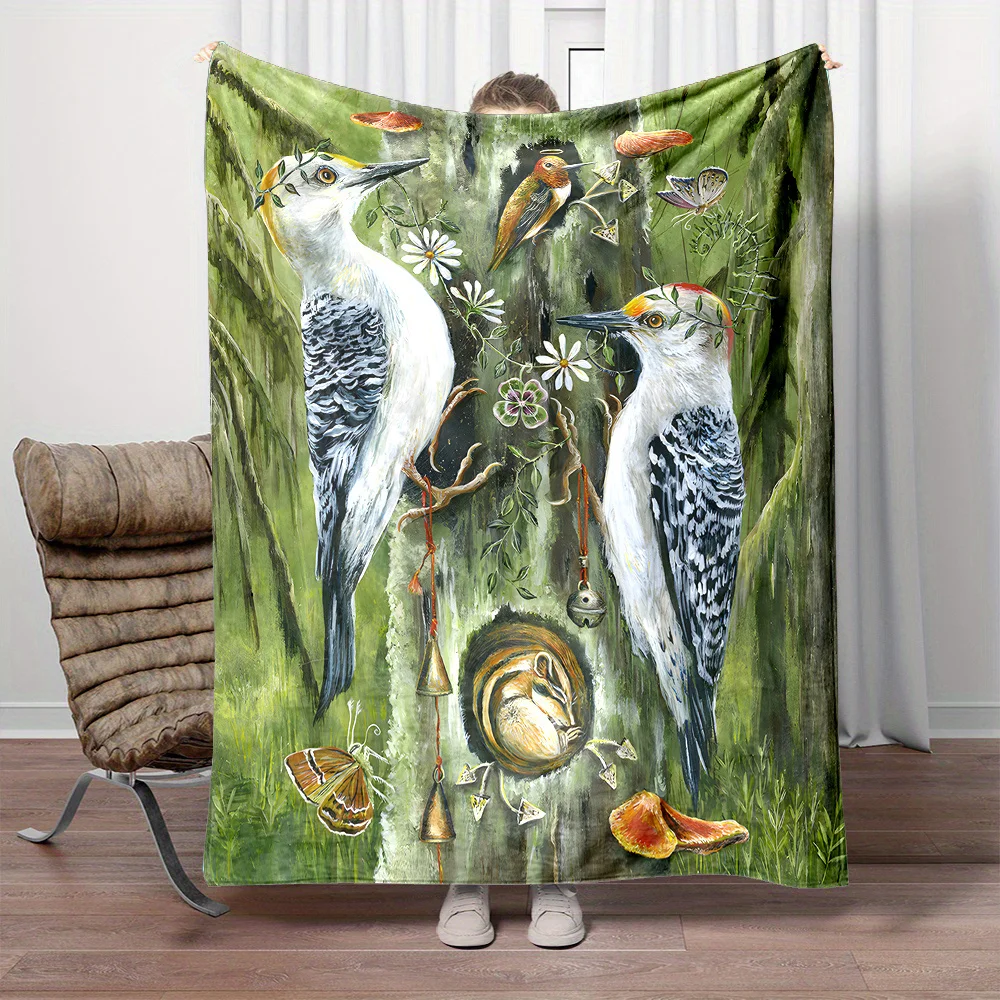 Cozy Woodpecker Print Flannel Throw Blanket - Soft, Reversible & Machine Washable for All Seasons - Perfect for Bed, Sofa, Campi
