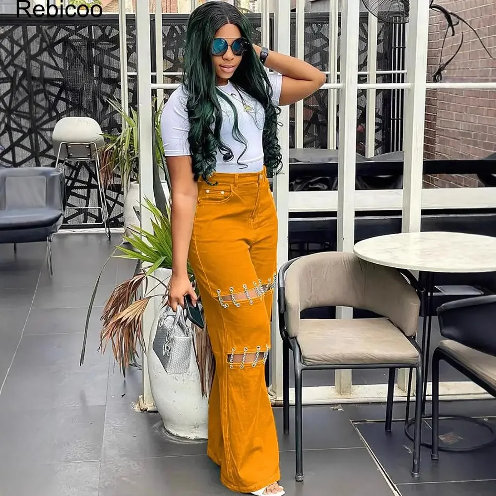 Women's High Waist Wide Leg Jeans with Hollow Out Patchwork Chain Detail Cargo Style Denim Trousers Streetwear Fashion Pants