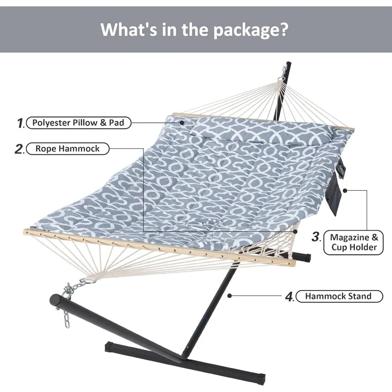 Outdoor Double Hammock with Stand, Two Person Cotton Rope Hammock with Polyester Pad, Circle Pattern