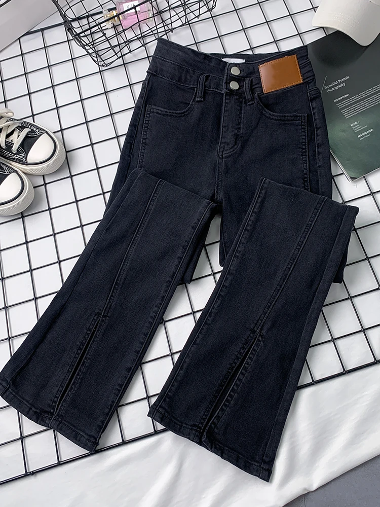 High Waist Straight Leg Denim Jeans Women's Spring Autumn Fashion Slimming Bootcut Trousers Front Split Cotton Stretch Denim