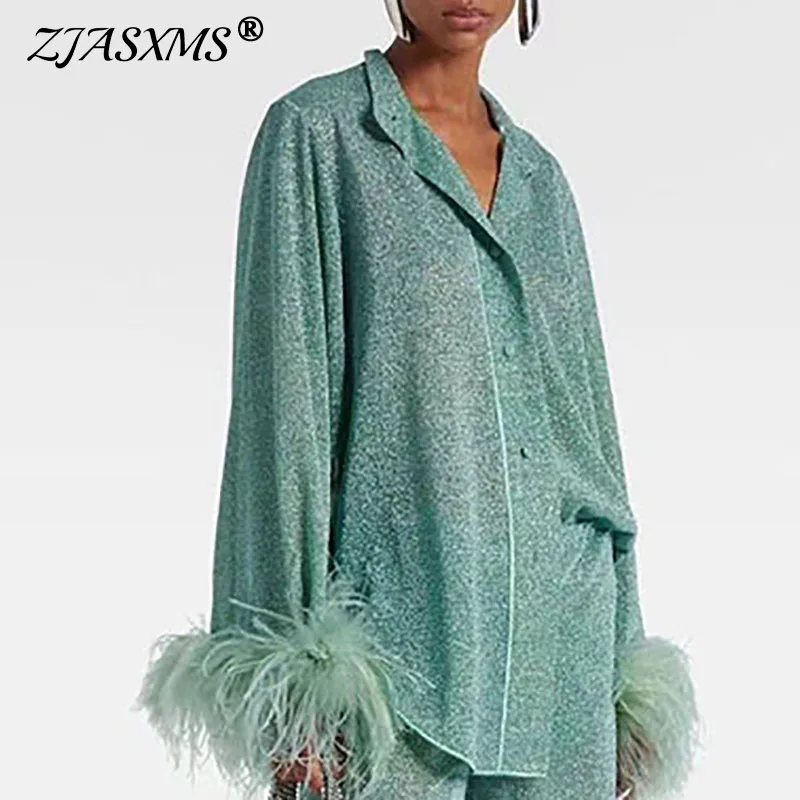 Y2K Style Women Elegant Feathers Decoration Shirts Spring Stand Collar Button Solid Blouse Autumn Long Sleeve Loose Top Cardigan