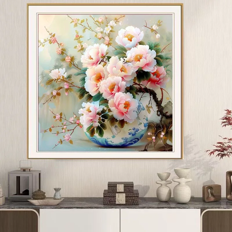 

DIY Cross Stitch Kit,Chinese Peony Floral Printed Pattern Embroidery Set Needlework Decorative Painting for Living Room