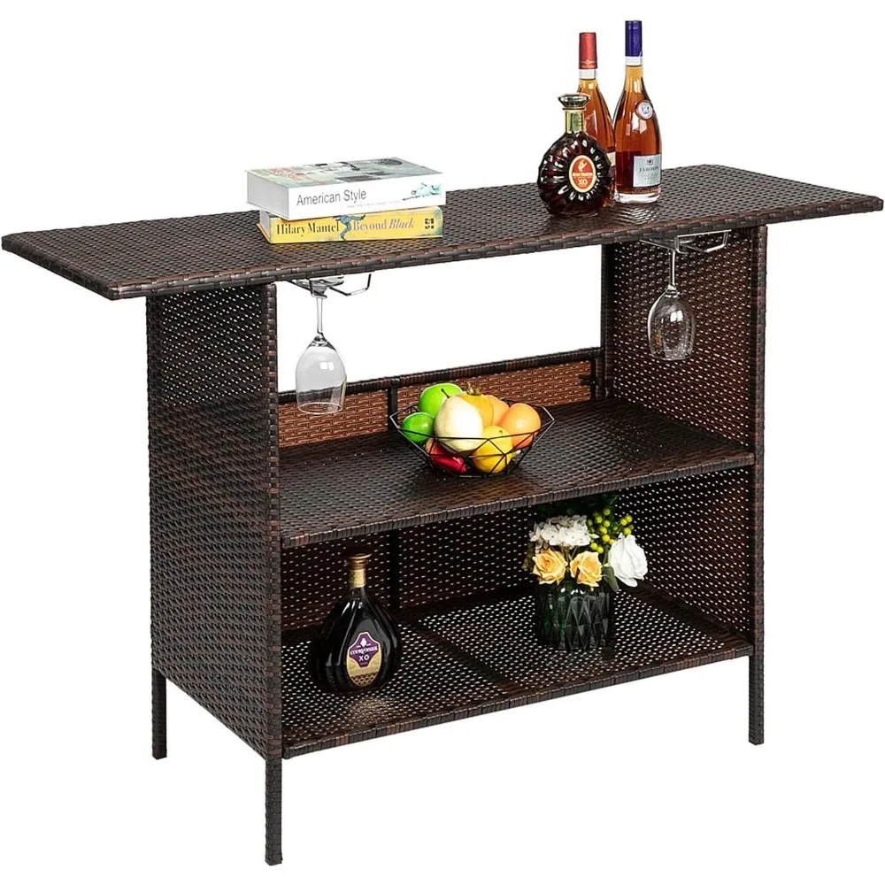 

Outdoor Bar Counter Table, Patio Wicker bar Table with 2 Layer Shelves and Wine Racks for Poolside, Backyard, Garden, Po