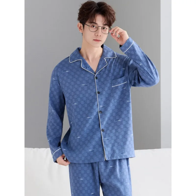 Men's Plaid 2-Piece Pajama Set for Spring & Autumn, Simple All-Match Long Sleeve & Long Pants Loungewear, Comfortable Homewear