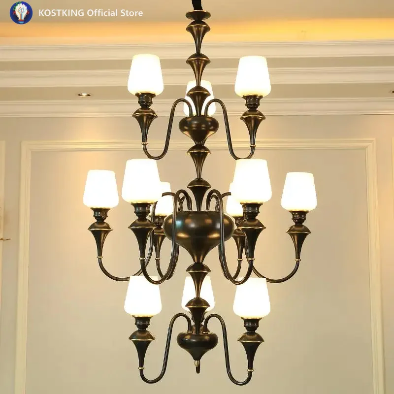 Antique Copper led Chandelier for hotel project Foyer decor Glass lampshade pendant lamp Staircase ceiling Chandelier Lighting