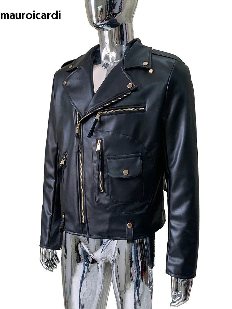 Mauroicardi Autumn Cool Handsome Short Black Hard Pu Leather Biker Moto Jacket Men Zipper Luxury Designer American Retro Clothes