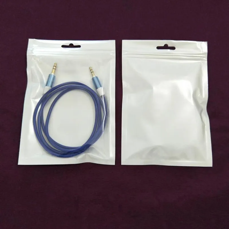 50Pcs/Lot White Mobile Phone Data Cable Accessories Seal Bag Transparent Plastic Retail Packaging Poly Pouches Zipper Lock Bag