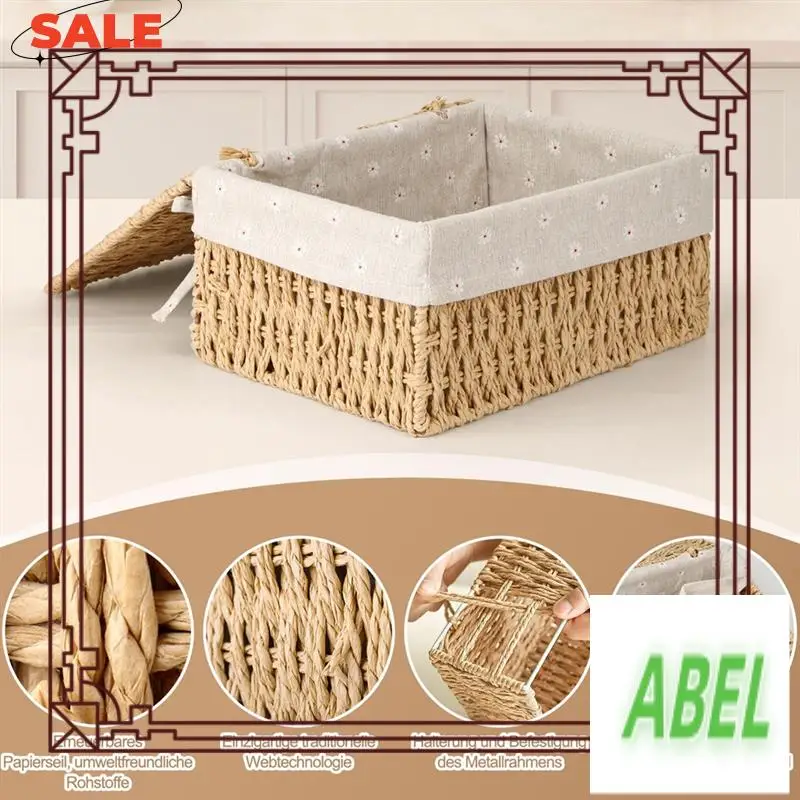 

KB-Storage Basket, Pack Of 3 Storage Basket With Lid, Woven Basket Made Of Paper Rope, Boho Decor Baskets With Lining