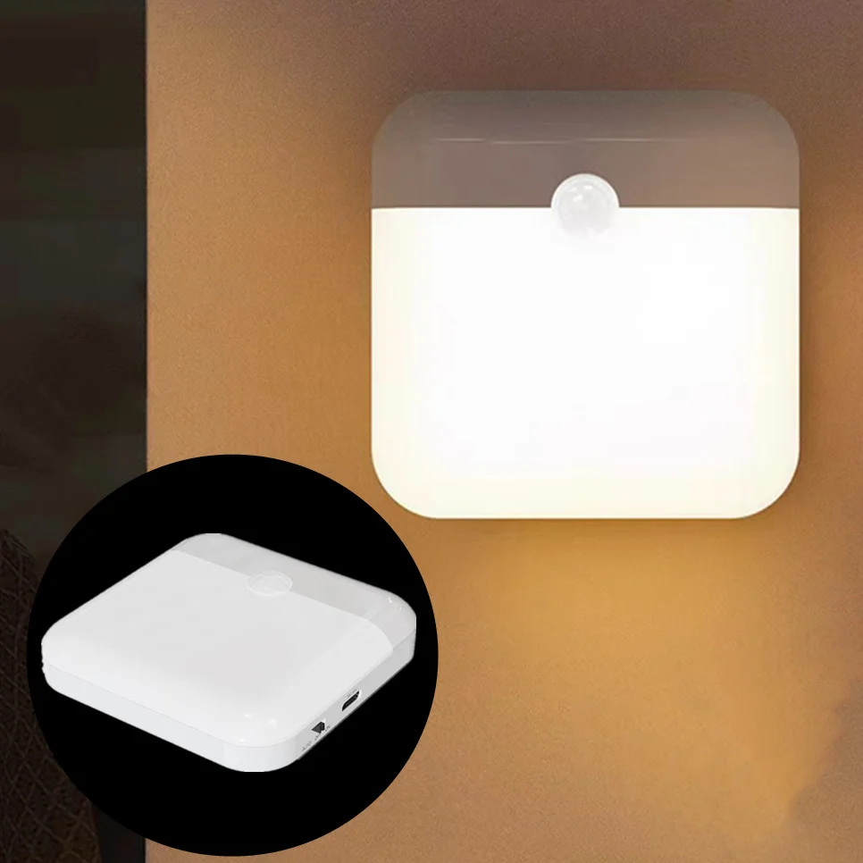 Motion Sensor Led Light Usb Charging Square Lamp for Bedroom Kitchen Stair Hallway Wardrobe Cupboard Lighting