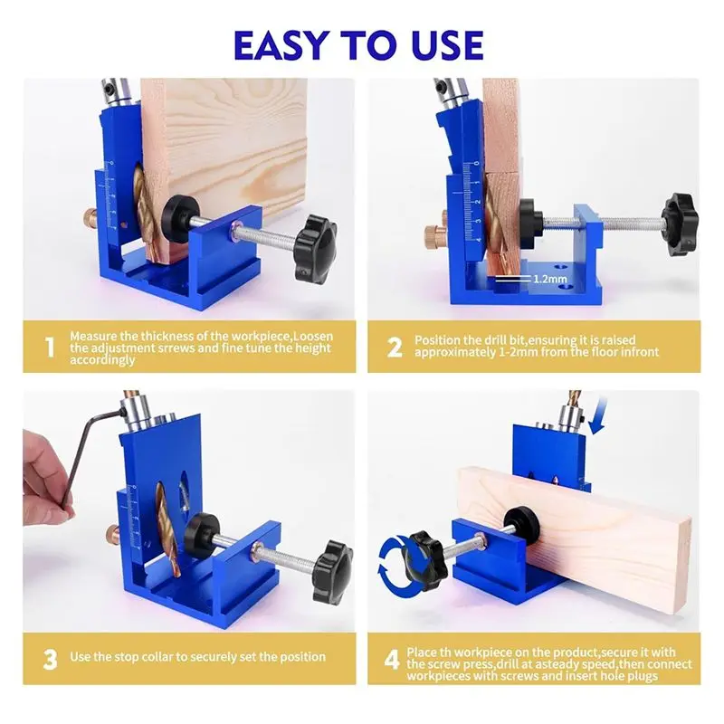 CYCLI-Pocket Hole Jig Kit For DIY Woodworking,Adjustable Woodworking Tool For 15° Angle Pocket Hole Drilling Guide Clamp Set