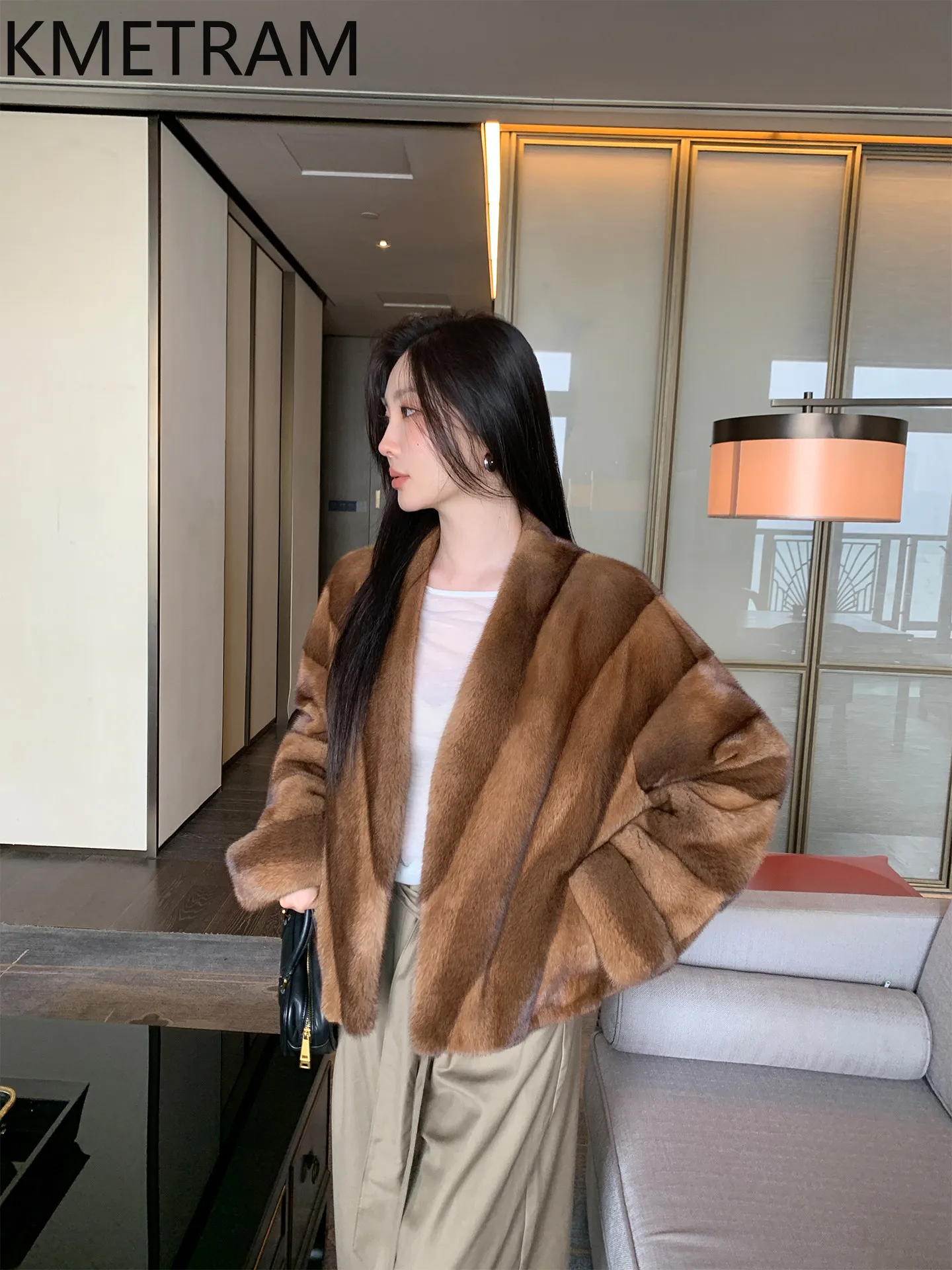 KMETRAM Natural Whole Velvet Mink Fur Jacket Women V-Neck Luxury Short Coats Winter Real Fur Coat Woman Clothing 55cm 2026 шуба
