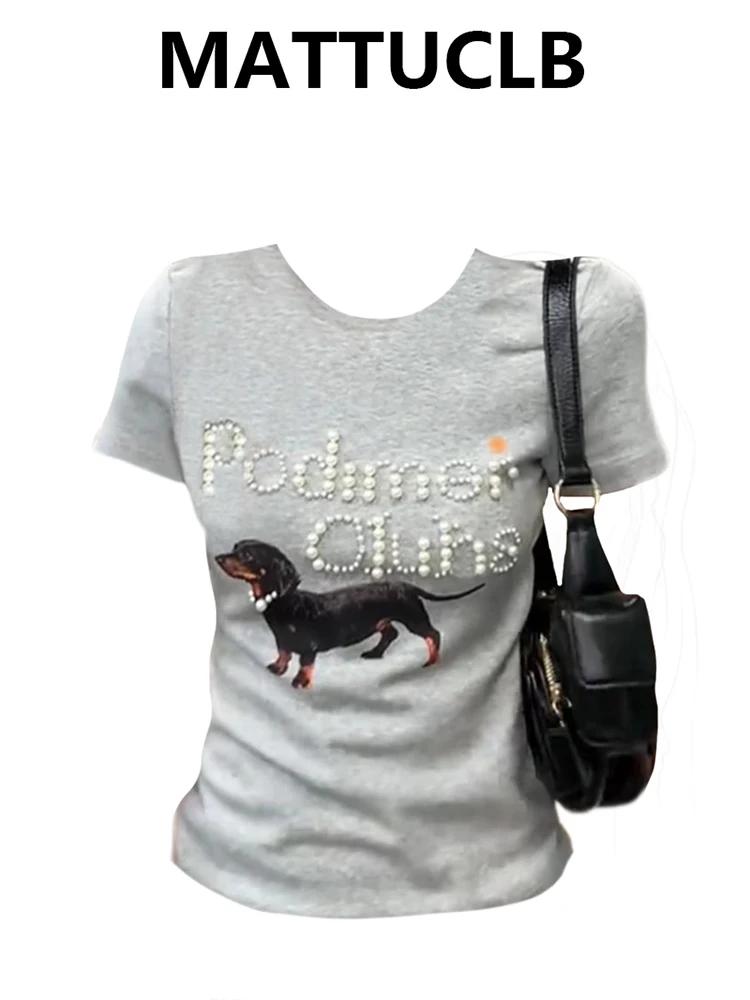 

Summer Women Cleanfit Y2k Pearl Cute Core Top Coquette 2000s Short Sleeve T-Shirt Slim O-Neck Tees Gyaru Y2k Kawaii Graphic Kpop