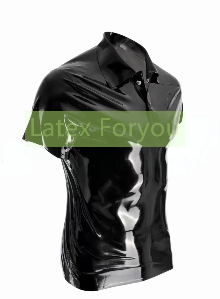 

Handmade Latex Men's Classic Short Sleeves T-Shirt With Turn Down Collar Male Rubber T-Shirt Fashion Gummi Latex Polo Shirt