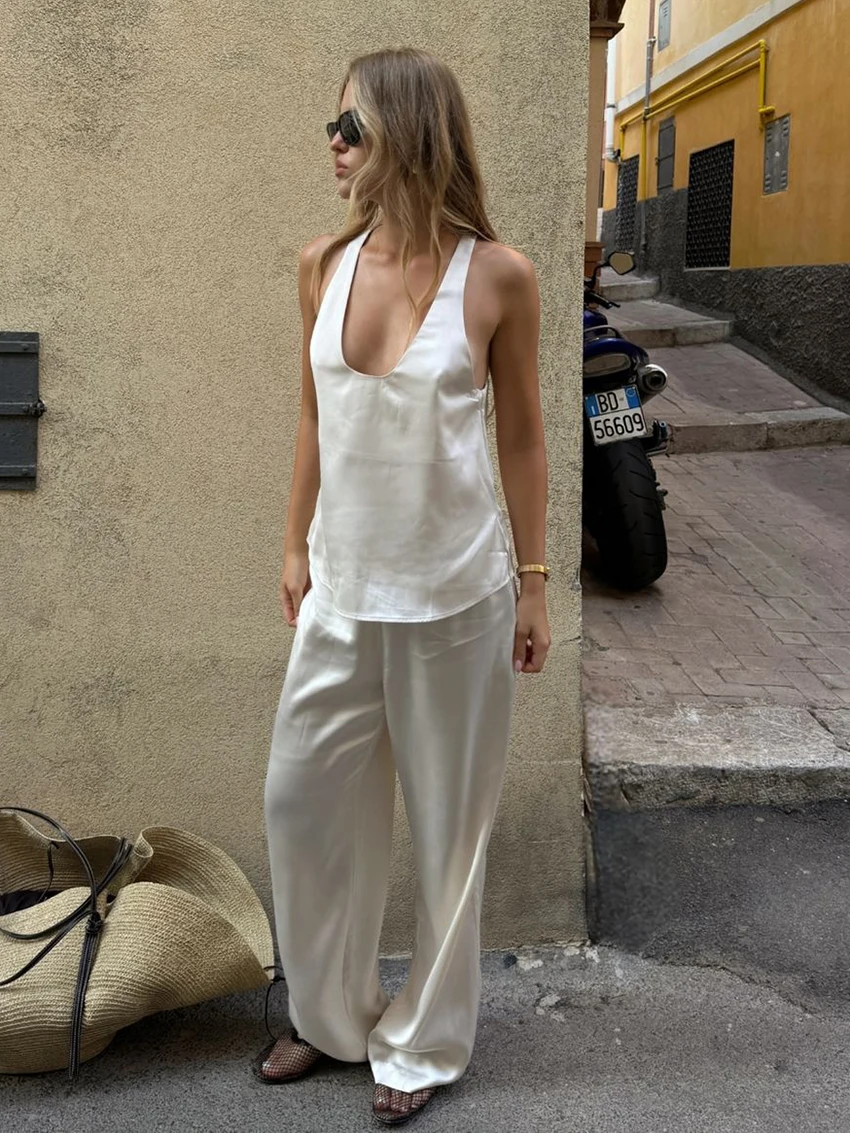 Marthaqiqi Comfort Female Pajamas Suit V-Neck Sleepwear Sleeveless Nightgowns Tank Tops Nightwear Pants Loose Women Nightie Set