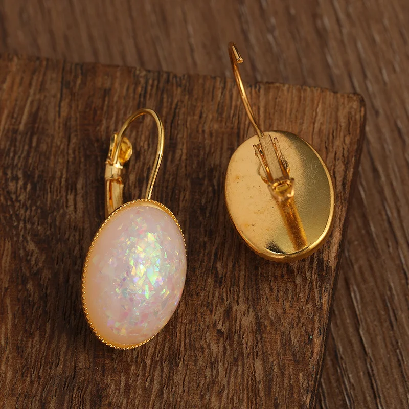 Bridal Oval White Fire Opal Earrings for Bride Earrings Cute October Birthstone Leverback Gold Color Earrings Jewelry