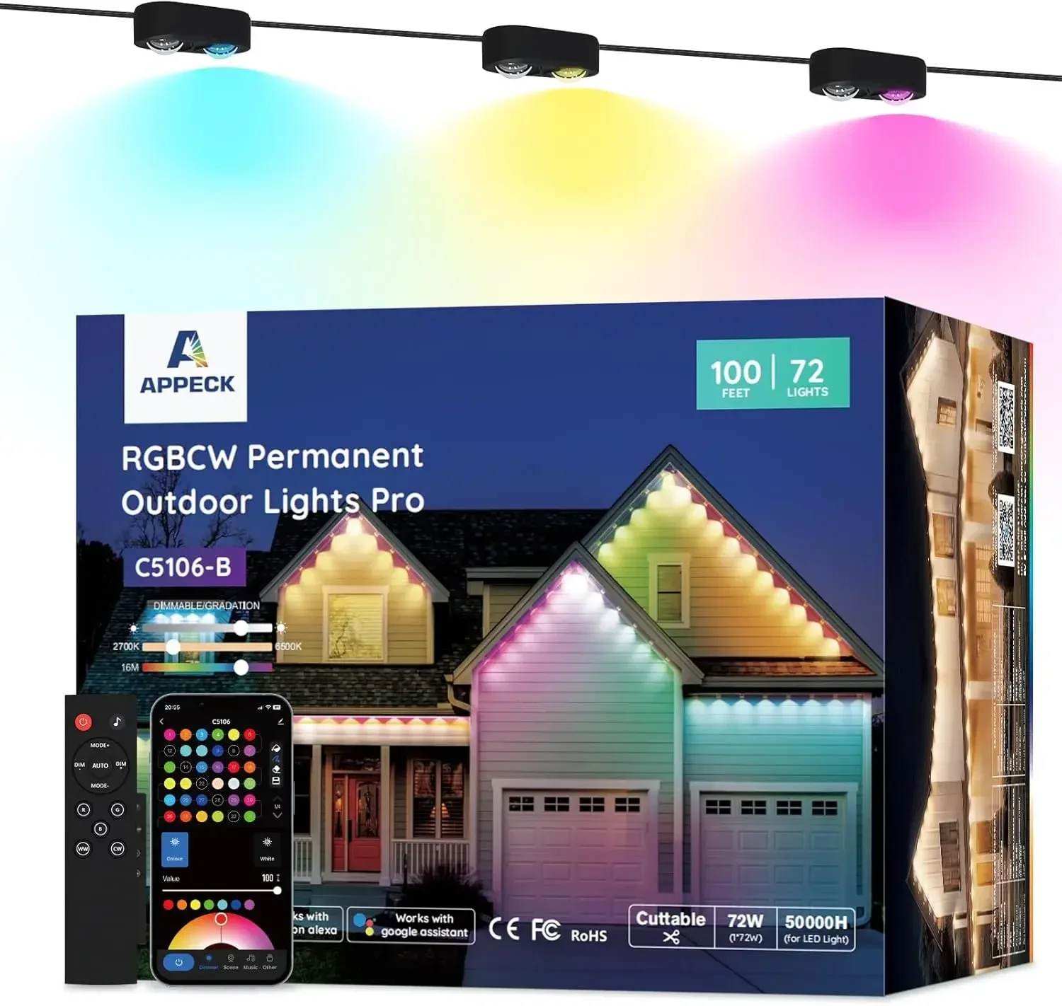 

Бестселлер: Уличные светодиодные гирлянды Pro 100 футов, 72 Вт, RGBCW, для карнизов, 72 светодиода, 80 лм, с возможностью резки, 111 режимов, IP67