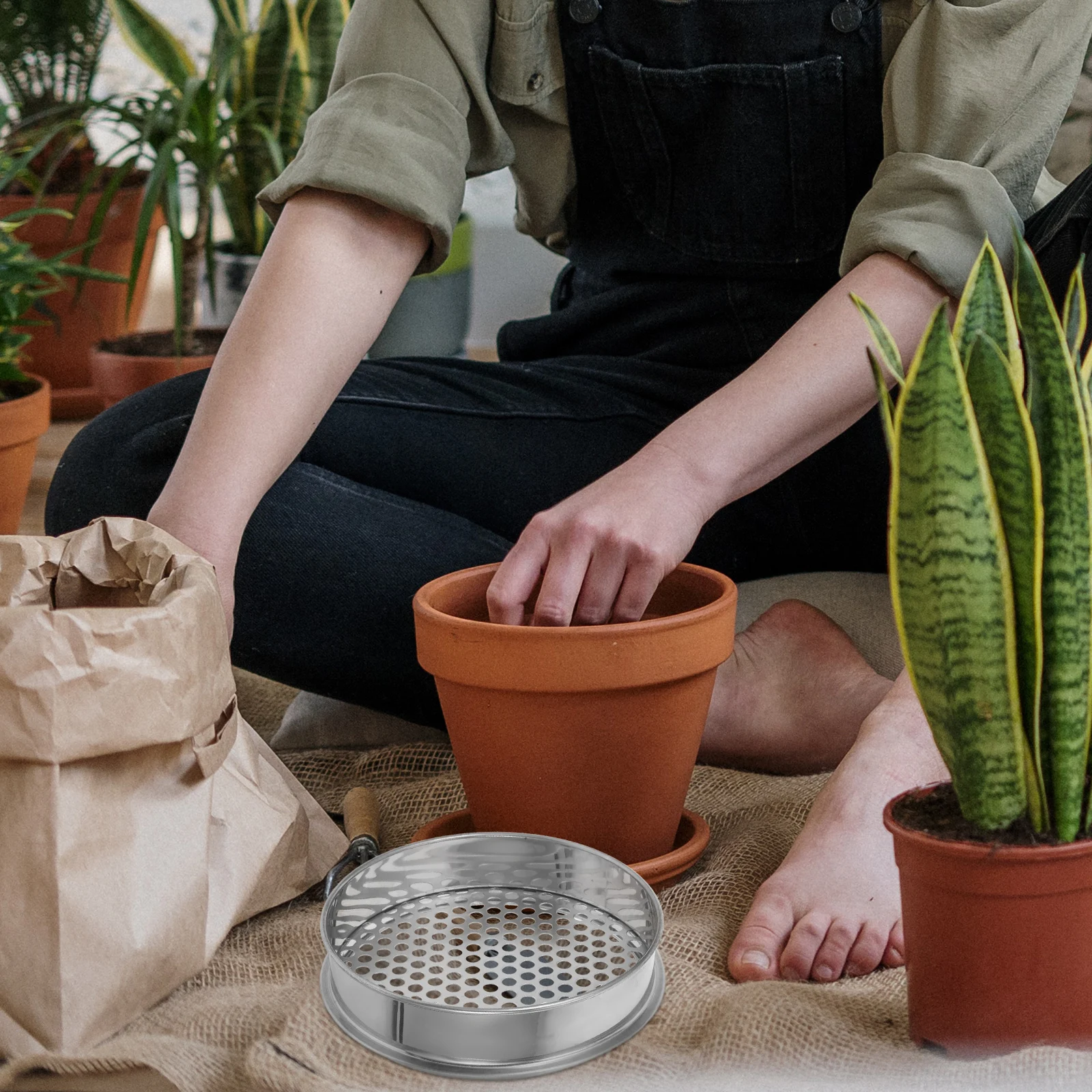 

Сито из нержавеющей стали с круглыми отверстиями для просеивания почвы в саду, легкое сетчатое сито для посадки бонсай и компоста