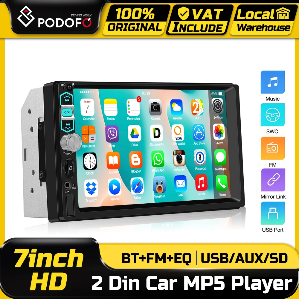 Podofo 7-Zoll Auto-Radio Multimedia MP5 Mirror Link Doppel-DIN Touchscreen Auto-Intelligentes System BT FM Radio Lenkradsteuerung