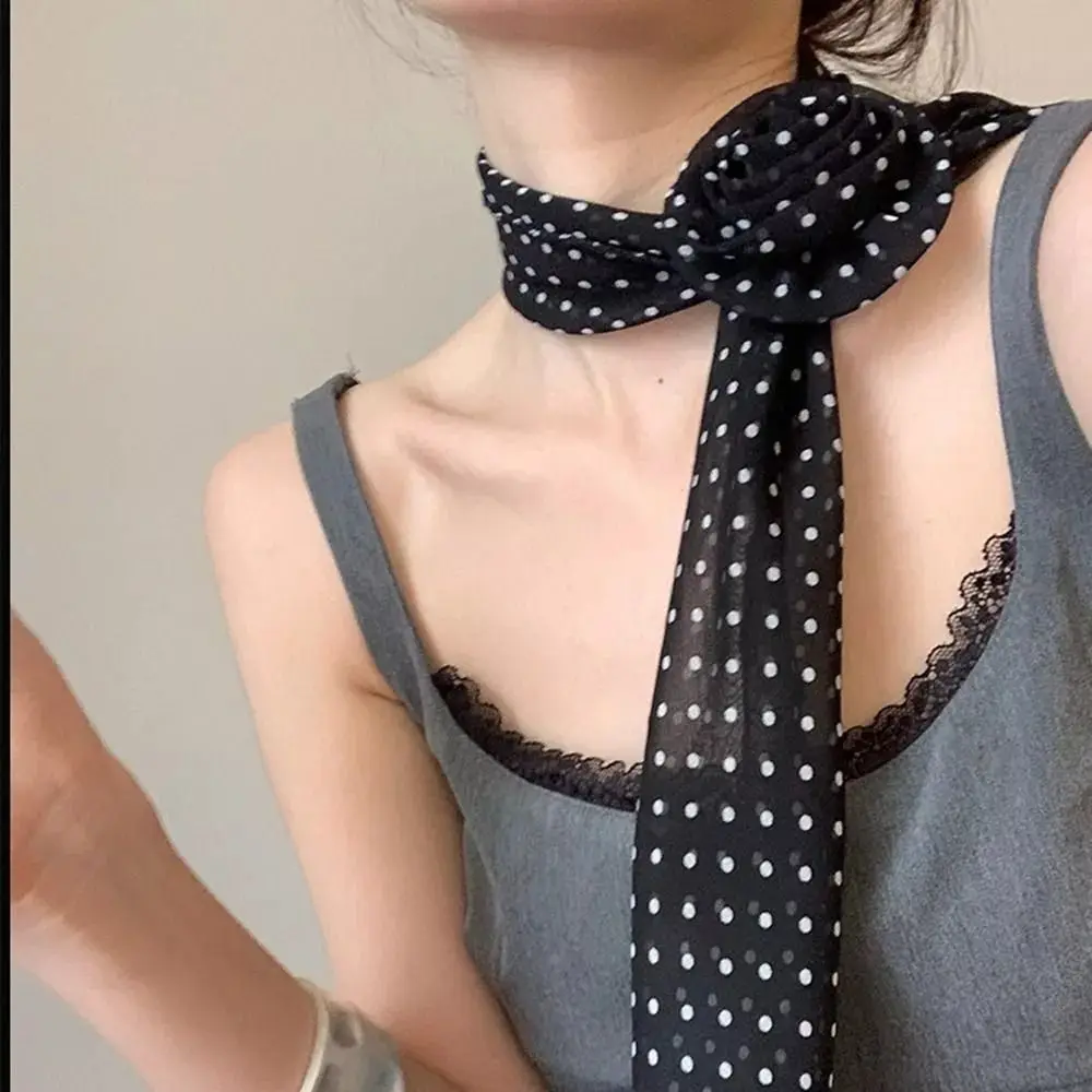 

Elegant Rose Flower Long Satin Scarf Soft Pure Color Chiffon Neckerchief Collar Decoration Kerchief Chiffon Scarves