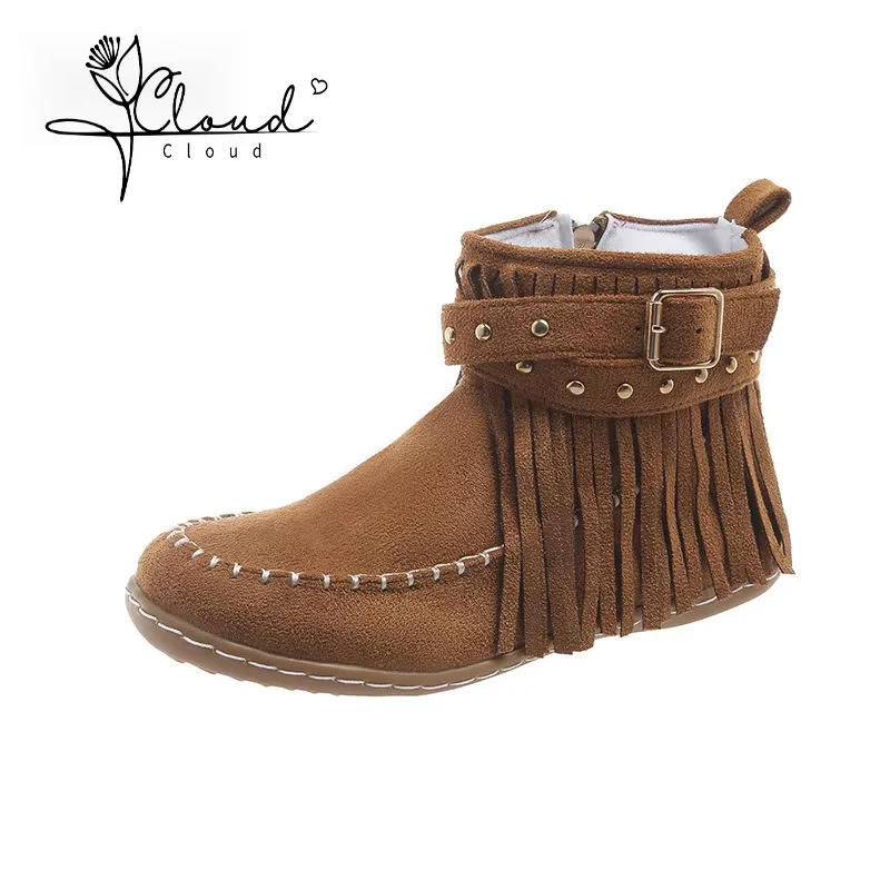 

Style Tassels Ankle Snow Boots Women Retro Faux Suede Buckle Strap Short Boots Woman Plus Size 43 Flat Heels Western Botas