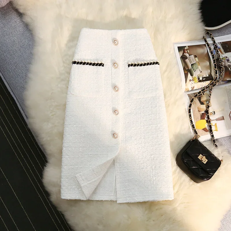 Autumn/Winter Tweed Style Women's Medium-Length High-Waisted Woolen Bodycon Skirt White Coarse Tweed Long Dress