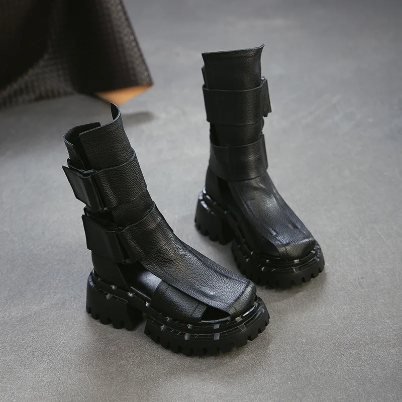 2026 Summer Women Roman Sandal Boots Genuine Leather Platform Thick Sole Hook & Loop Open Toe Shoes Black Brown Size 35-40