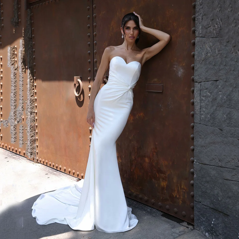 

2025 Modern Brides Wedding Dresses Strapless Long Sleeve Satin Mermaid Bridal Dress Buttons Evening Brides Dress Customized