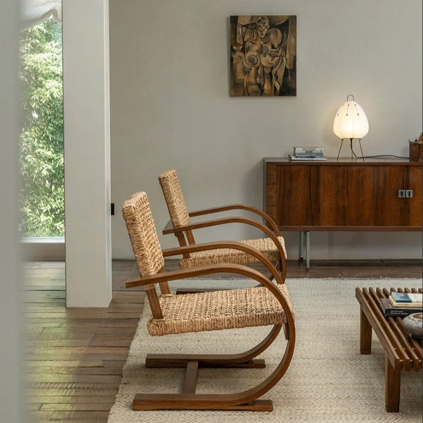 French Retro Middle Ages Silent Style Living Room Leisure Sofa Chair Modern Design Solid Wood PU Material Recarved Straw