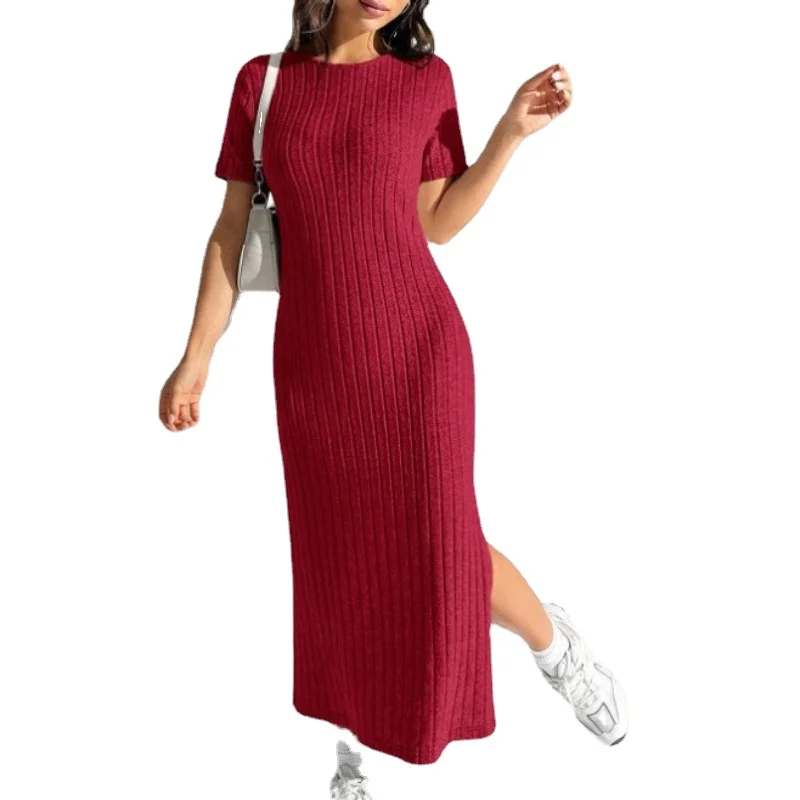 

A Summer Dresses Women O- Neck Hip-Covering Mid-Length Skirt Elegant Solid Color Short-Sleeved Woolen Dress