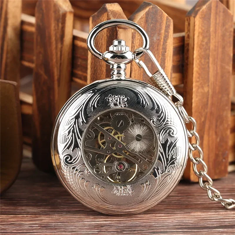 Classic Hollow Out Gear Case Men Women Hand Winding Mechanical Pocket Watch Pendant Chain Roman Numeral Dial Gift Reloj