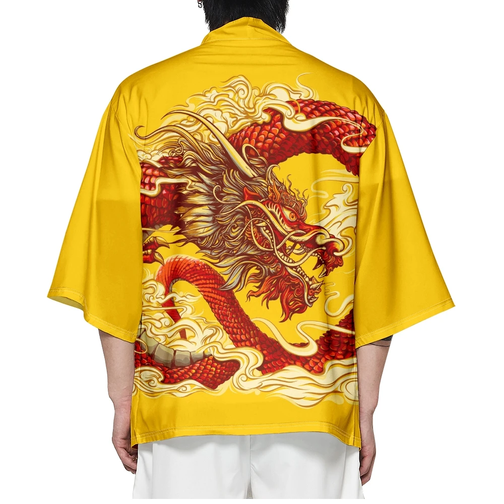 

2024 3D Obi Yukata Kimono Yellow Dragon Printed Cardigan Men's Haori Samurai Traditional Japanese Clothing