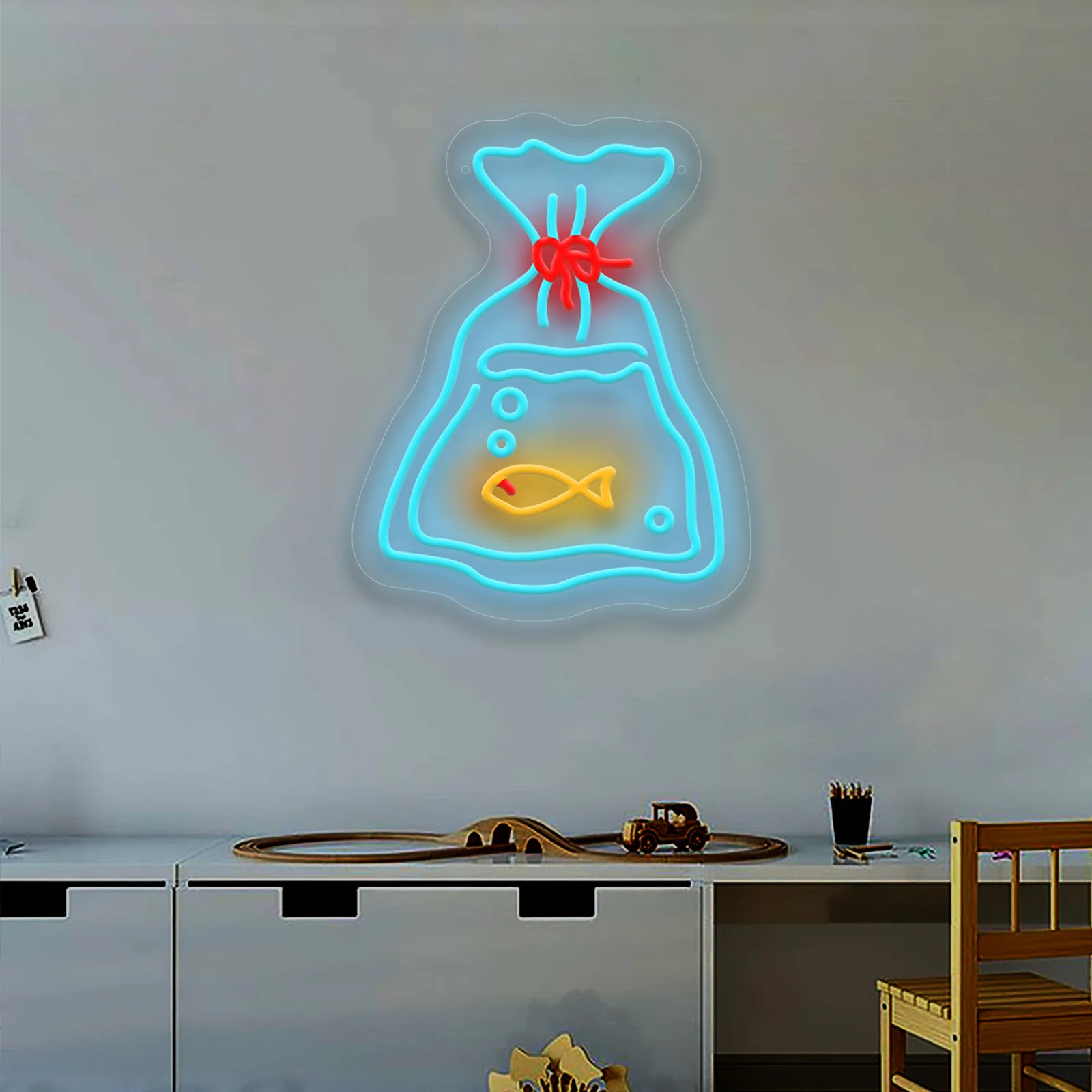 LED النيون علامة كيس الأسماك ضوء النيون لغرفة النوم غرفة الألعاب الرجال الكهف سوبر ماركت سوق الأسماك الصغيرة هدية لمحبي الأسماك USB الطاقة #4