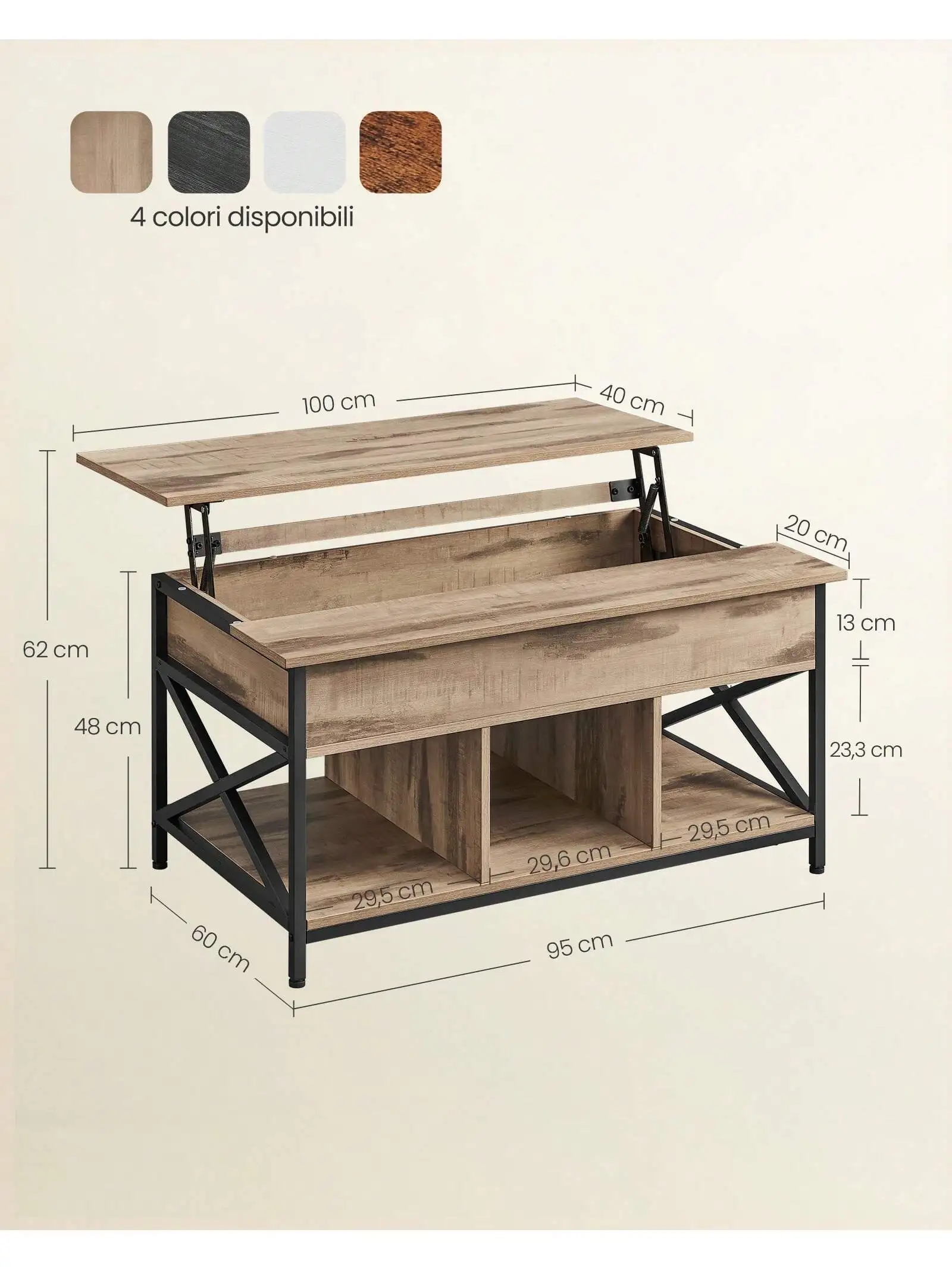 VASAGLE tavolino elevatore: aperto/nascosto, barre a forma di X. 60 x100x(48-62) cm. Ideale per il soggiorno.