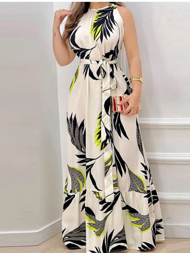 

Women's Summer Dress Sexy Sleeveless Hanging Neck Dress Vestidos Para Mujer With Lace Up Waist Fashionable Printed Long Dresses