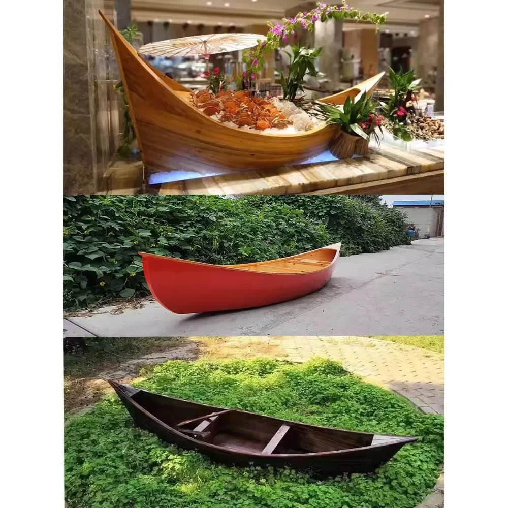 

European style wooden boats, fishing boats, solid wood, water hand rowing, sightseeing, tourism, landscape decoration props, pir