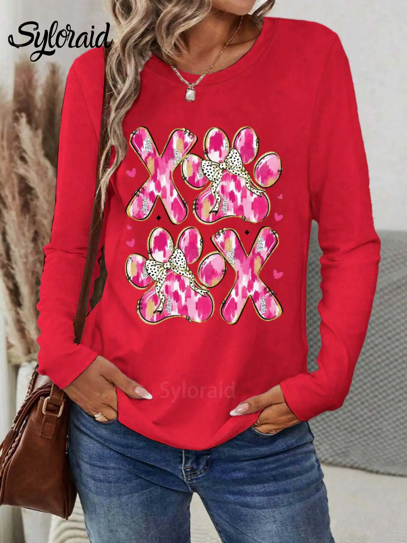 Camiseta feminina de manga comprida Xoxo Dia dos Namorados Rosa Dog Paw Print Camiseta Moda Gola Redonda Casual Top
