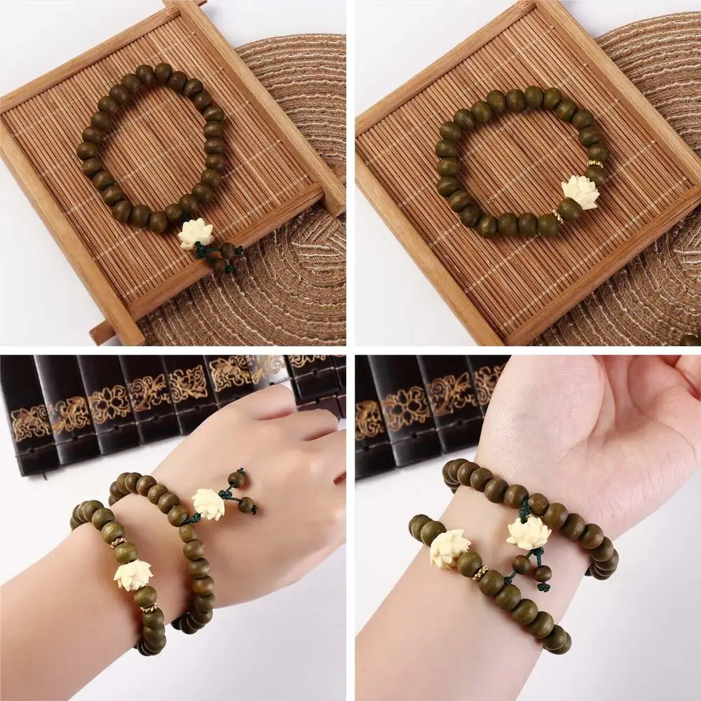 Elastic Flower Sandalwood Bangle Handwoven Rosary Wood Beaded Strand Bracelets Flower Hand Chain