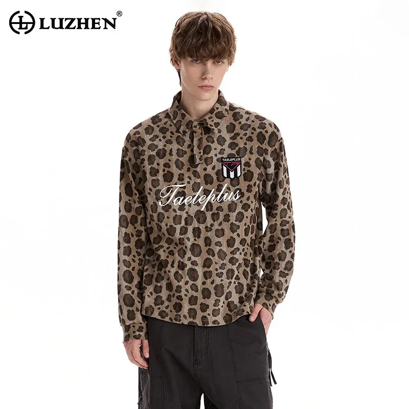 LUZHEN 2026 Autumn Fashion Leopard Print Letter Lapel Long Sleeve T-shirts Pullover Men's Handsome Elegant Casual Clothes JY9025