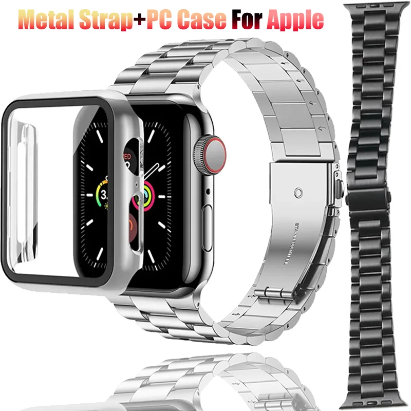 Металлический ремешок + чехол для ПК для Apple Watch 9, 8, 7, 45 мм, 41 мм, удобный браслет из нержавеющей стали iWatch 6 5 4 3 SE 44/40/42/38 мм, чехол