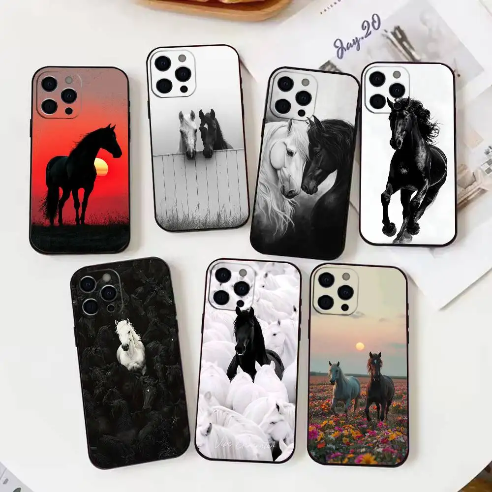 

Black White Horses Phone Case For iPhone16,15,14,13,12,11Pro Max, Soft Black Cover1G