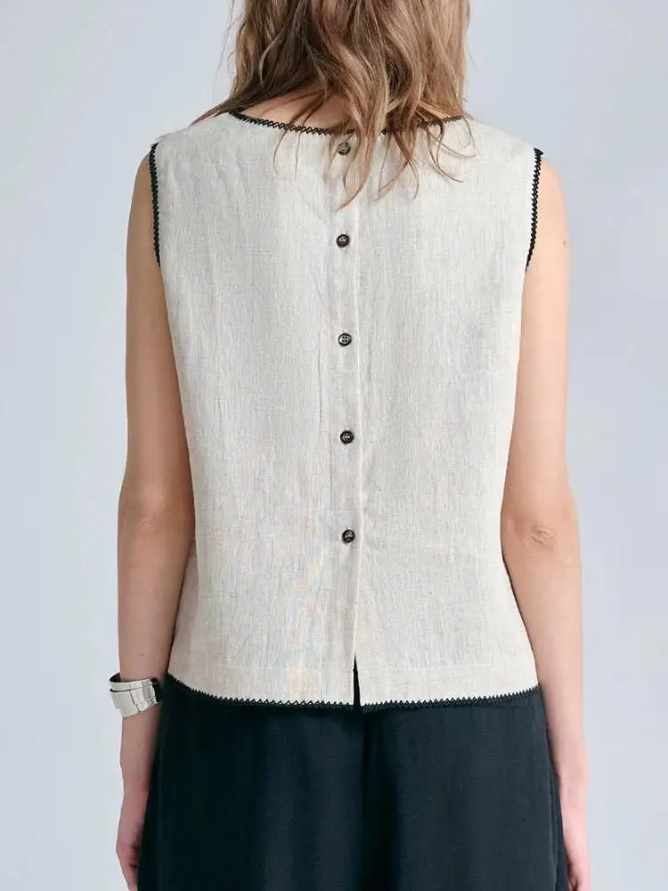 Women White Linen Color-block Thin Tank Tops New Round Neck Sleeveless Personality Fashion Tide Spring Summer