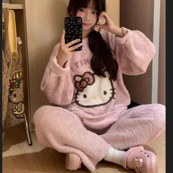 Sanrio Hello Kitty Women Winter New Sweet Cartoon Pajamas Half Velvet Round Neck Home Clothes Cute Y2k Girl Warm Thick Sleepwear