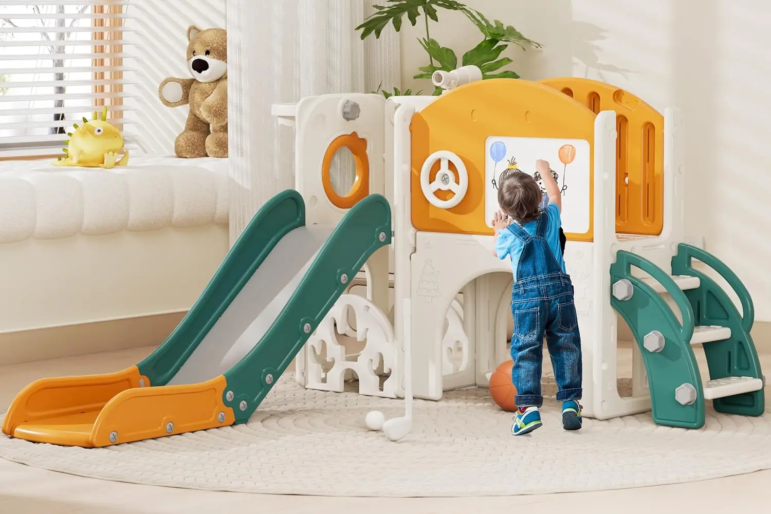 Toddler Playground Playset for 1-3 Year Olds with Golf, Drawing Board, Slide, Basketball Hoop & Storage