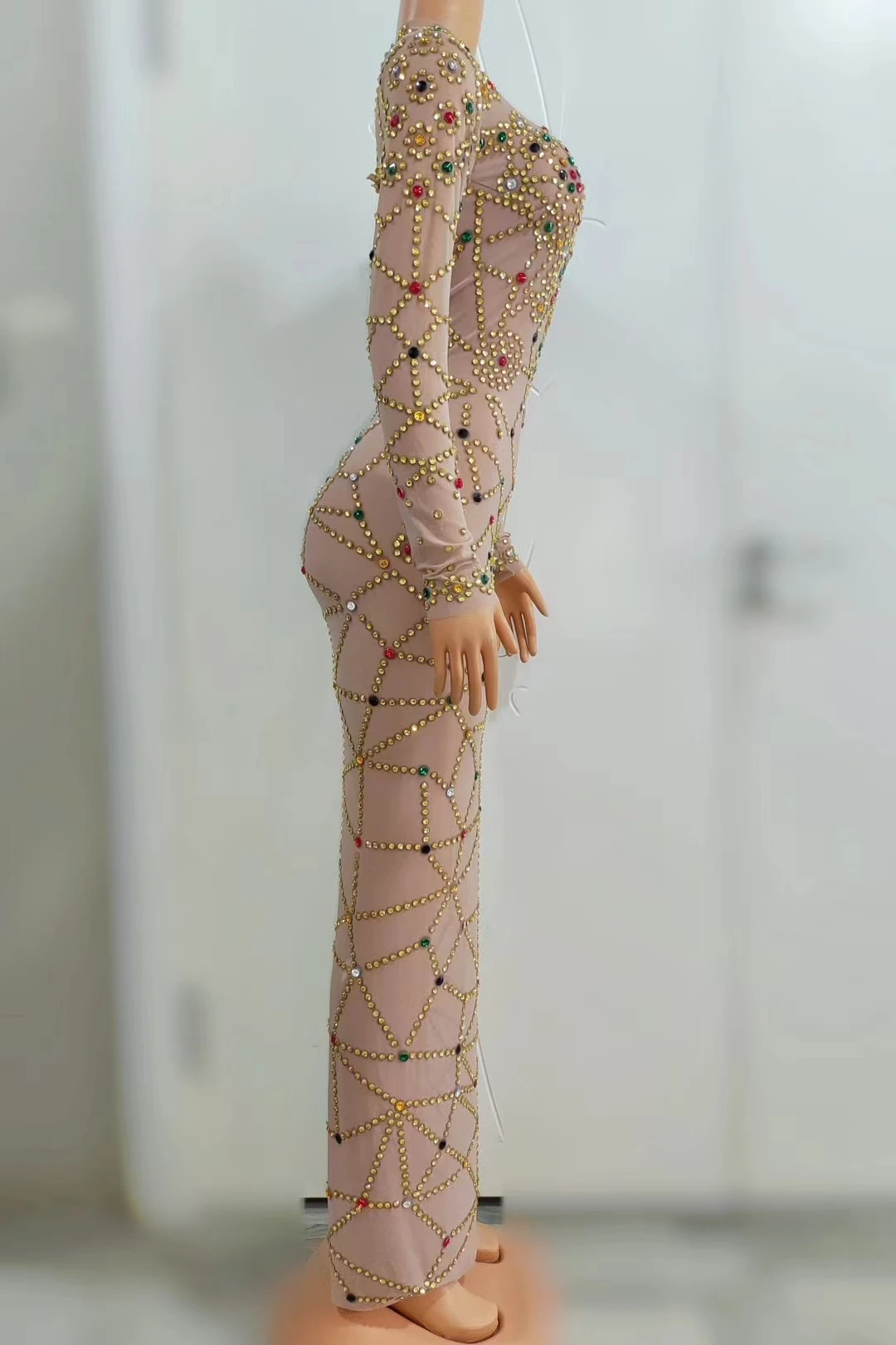 Jinzita Luxury Multicolor Rhinestone Mesh Long Sleeve Maxi Dress Sexy Bodycon Evening Party Gown for Women
