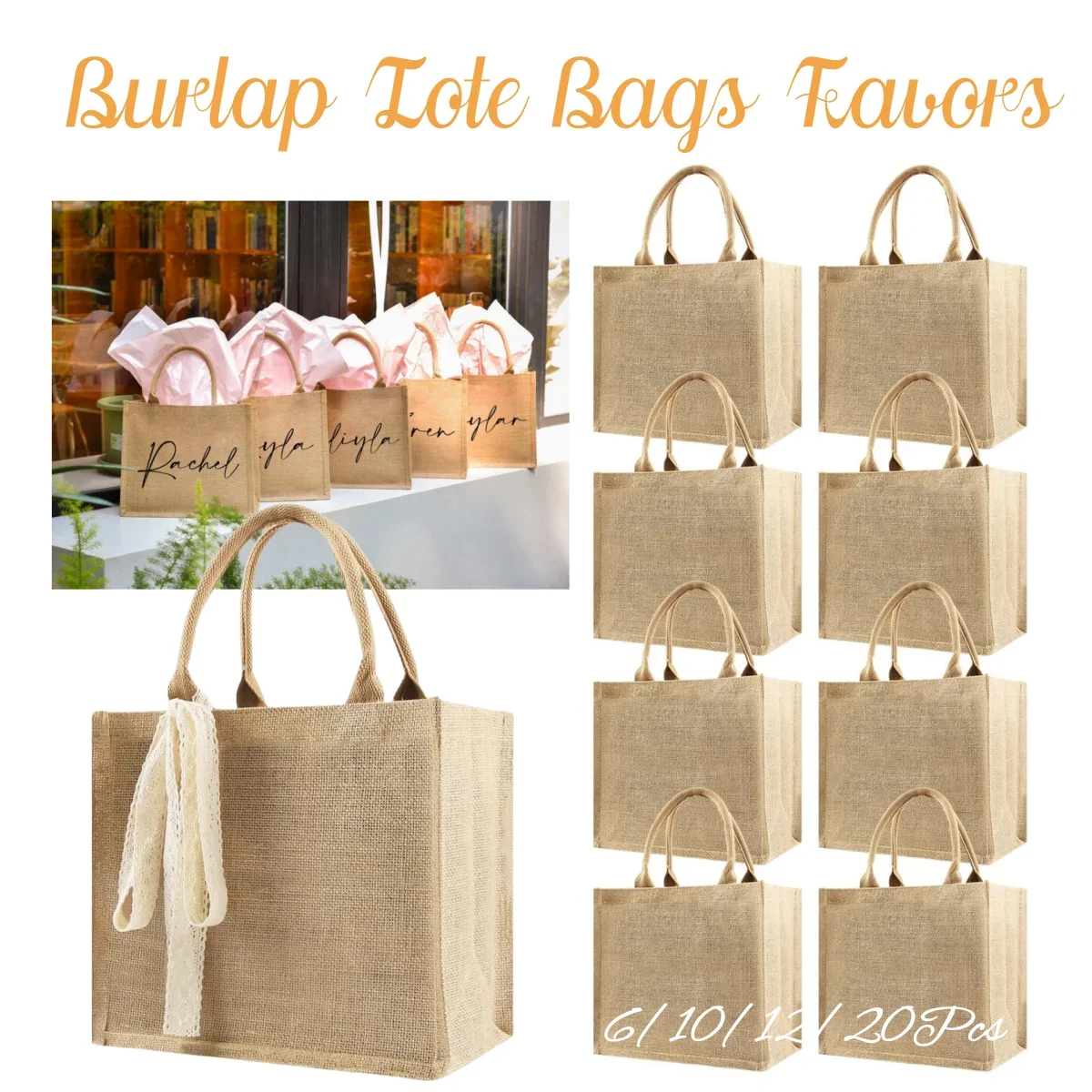 6-20Pcs Burlap Tote Bags DIY Jute Bags with Handles Blank Jute Tote Bridesmaid Gift Bags for Wedding Bachelorette Beach Party