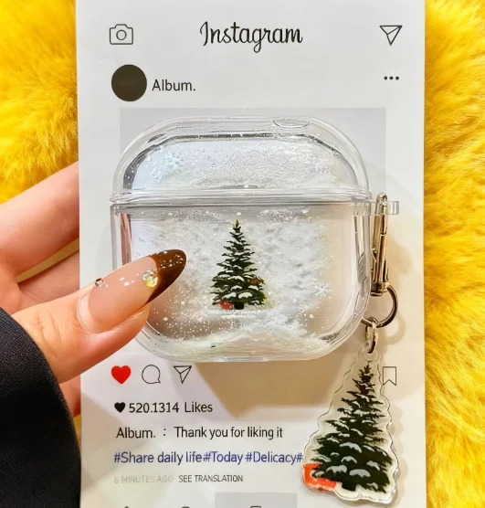 Christmas Tree Quicksand Snowflake AirPods Case for AirPods 4 Pro 2/1 AirPods 3/2 High-End Girlish Protective Cover For Earbuds