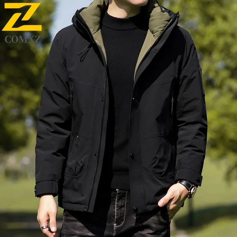 COMXZ Luxury Men Down Jacket Classic Hood Outdoor Working Cold Protection Puffer Jacket Leisure Business Comfortable Winter Coat